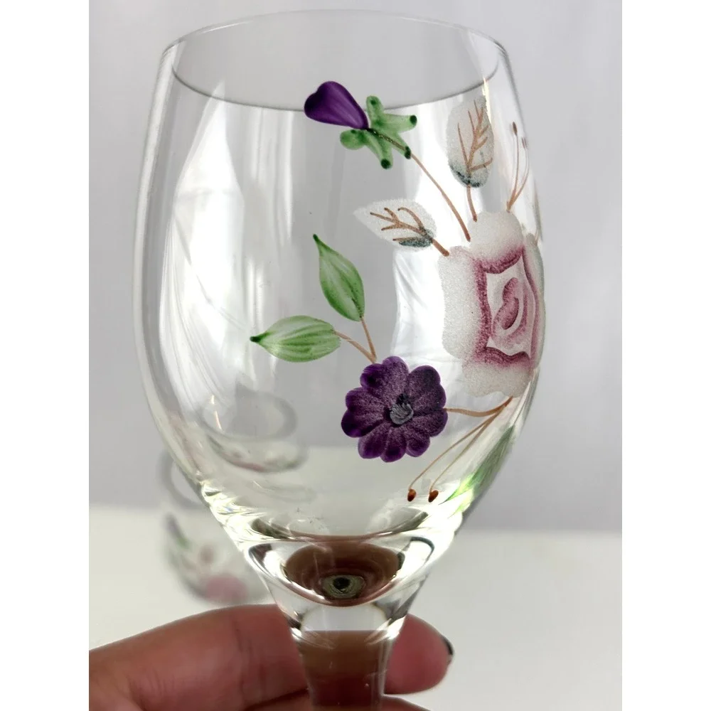 Vintage‎ Hand Painted Floral Wine Glasses Set of 2 Purple Green Enamel Stemware